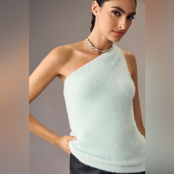 Anthropologie Tops - Anthropologie One-Shoulder Light Mint Blue Eyelash Sweater Tank